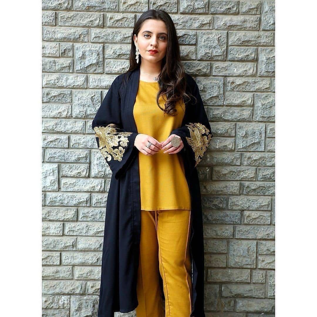 New Yellow Two Piece With Black Embroidery Gown