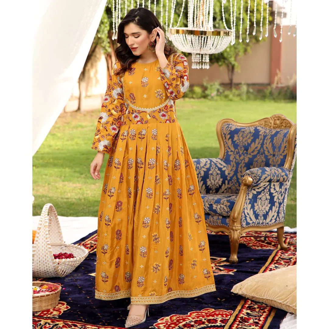 Yellow Multi Flower Embroidery Frock